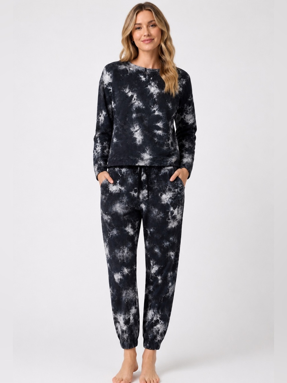 Jane and Delancey Tie Dye Lounge Set Womens Small Black Gray Jogger Sweatshirt